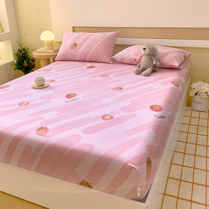 91家纺网 家纺一手货源 找家纺 慕尚家纺 2025新款全棉纯棉老粗布卡通床笠款凉席席子 草莓-粉