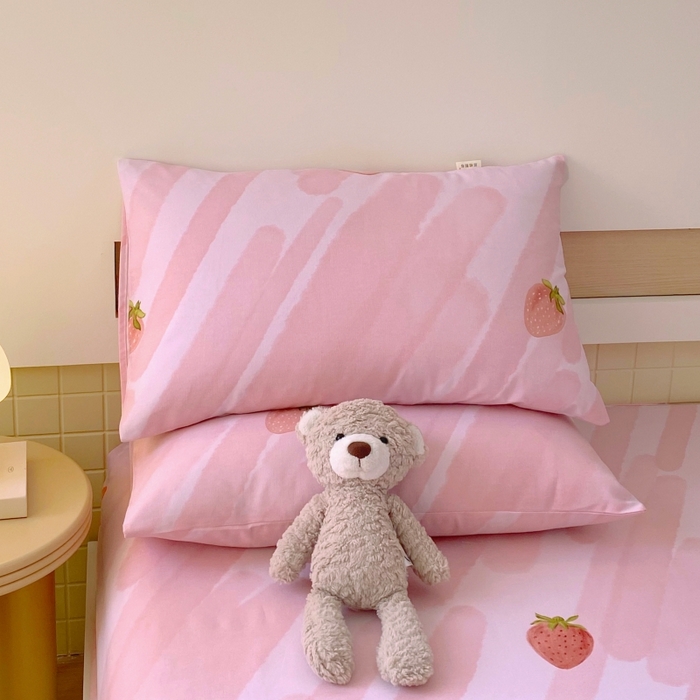 91家纺网 家纺一手货源 找家纺 慕尚家纺 2025新款全棉纯棉老粗布卡通床笠款凉席席子 草莓-粉