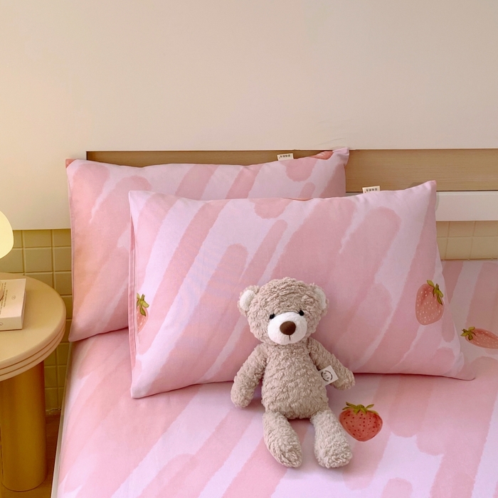 91家纺网 家纺一手货源 找家纺 慕尚家纺 2025新款全棉纯棉老粗布卡通床笠款凉席席子 草莓-粉