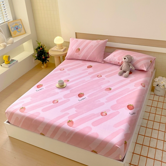 91家纺网 家纺一手货源 找家纺 慕尚家纺 2025新款全棉纯棉老粗布卡通床笠款凉席席子 草莓-粉