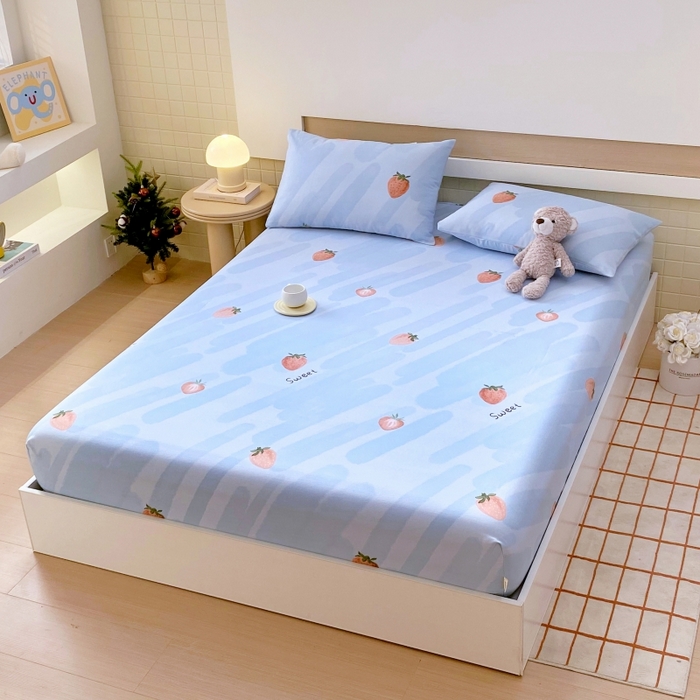 91家纺网 家纺一手货源 找家纺 慕尚家纺 2025新款全棉纯棉老粗布卡通床笠款凉席席子 草莓-蓝