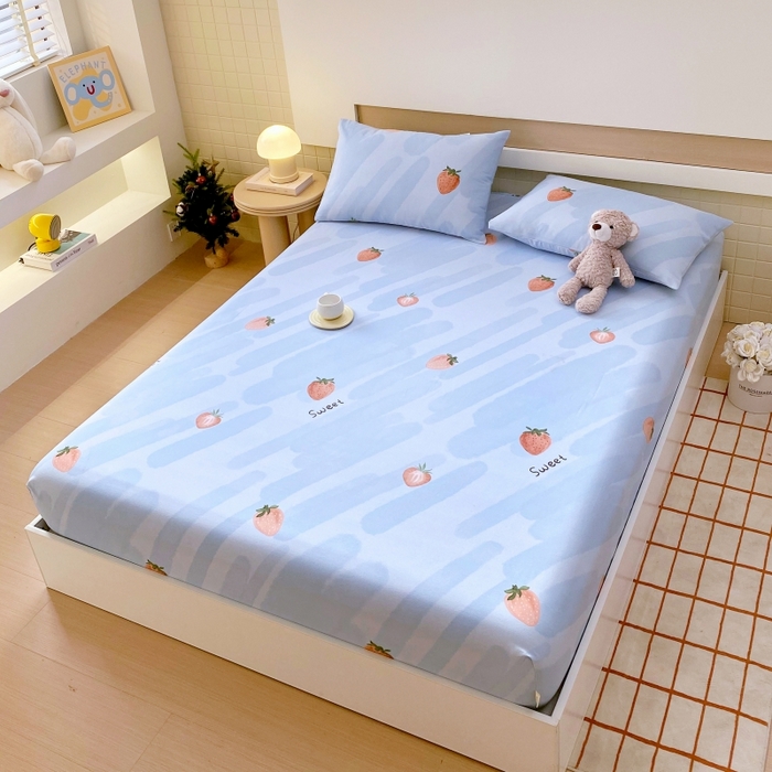 91家纺网 家纺一手货源 找家纺 慕尚家纺 2025新款全棉纯棉老粗布卡通床笠款凉席席子 草莓-蓝