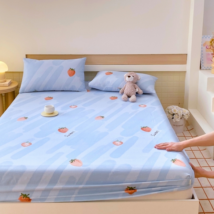 91家纺网 家纺一手货源 找家纺 慕尚家纺 2025新款全棉纯棉老粗布卡通床笠款凉席席子 草莓-蓝