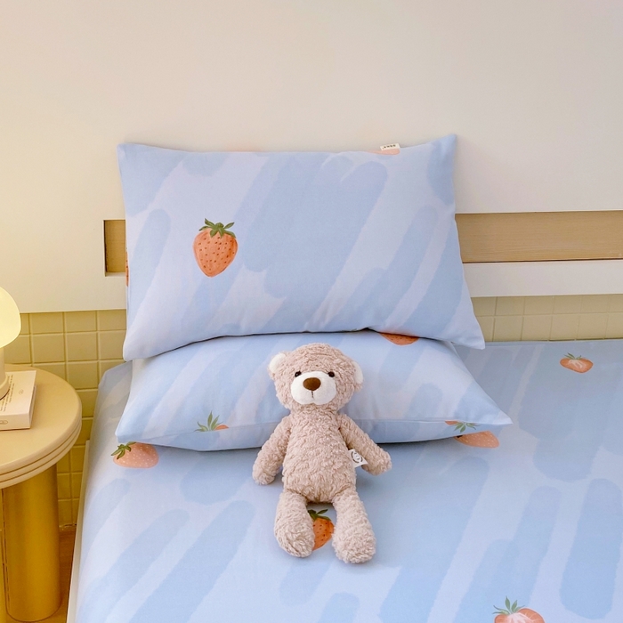 91家纺网 家纺一手货源 找家纺 慕尚家纺 2025新款全棉纯棉老粗布卡通床笠款凉席席子 草莓-蓝