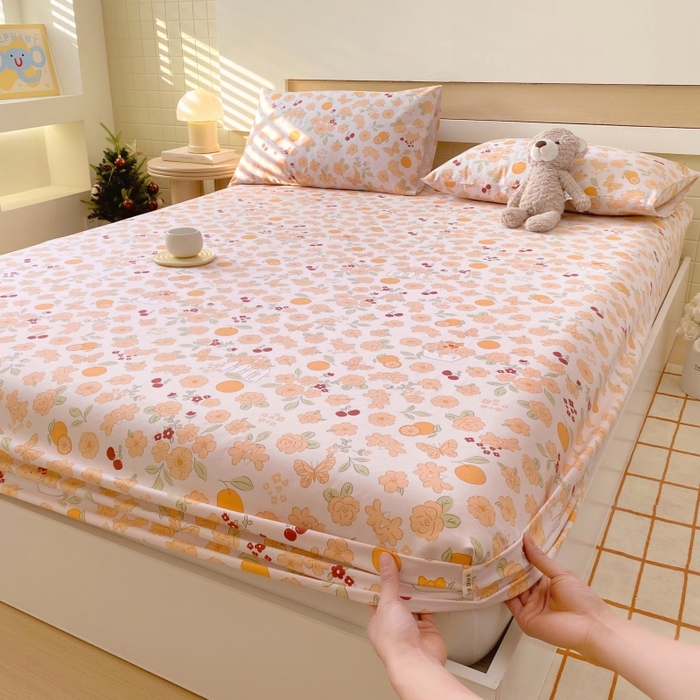 91家纺网 家纺一手货源 找家纺 慕尚家纺 2025新款全棉纯棉老粗布卡通床笠款凉席席子 橙意满满