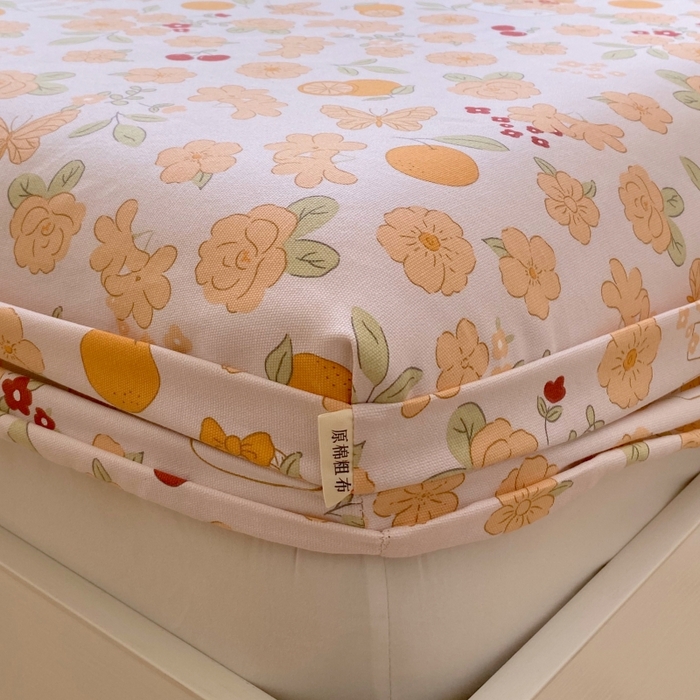 91家纺网 家纺一手货源 找家纺 慕尚家纺 2025新款全棉纯棉老粗布卡通床笠款凉席席子 橙意满满