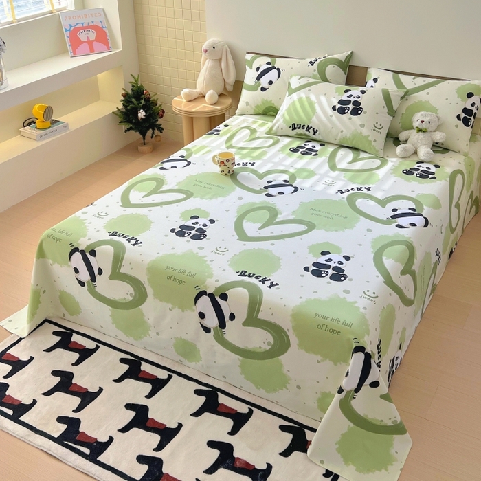 91家纺网 家纺一手货源 找家纺 慕尚家纺 2025新款全棉纯棉老粗布卡通床单款凉席席子 熊猫