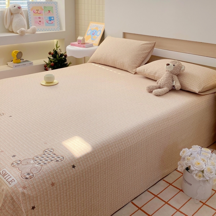 91家纺网 家纺一手货源 找家纺 慕尚家纺 2025新款全棉纯棉老粗布卡通床单款凉席席子 宝贝熊