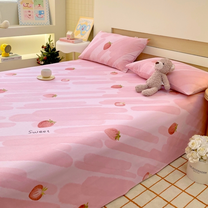 91家纺网 家纺一手货源 找家纺 慕尚家纺 2025新款全棉纯棉老粗布卡通床单款凉席席子 草莓-粉