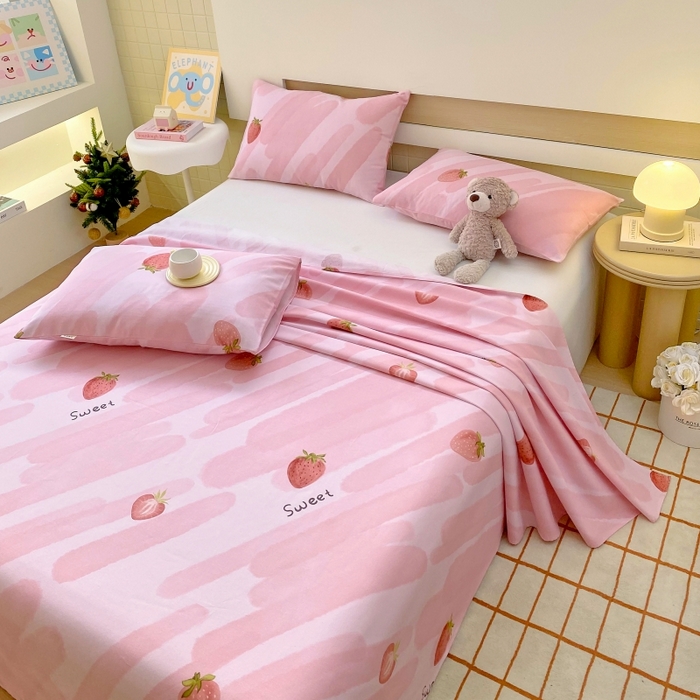 91家纺网 家纺一手货源 找家纺 慕尚家纺 2025新款全棉纯棉老粗布卡通床单款凉席席子 草莓-粉