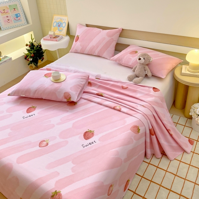 91家纺网 家纺一手货源 找家纺 慕尚家纺 2025新款全棉纯棉老粗布卡通床单款凉席席子 草莓-粉