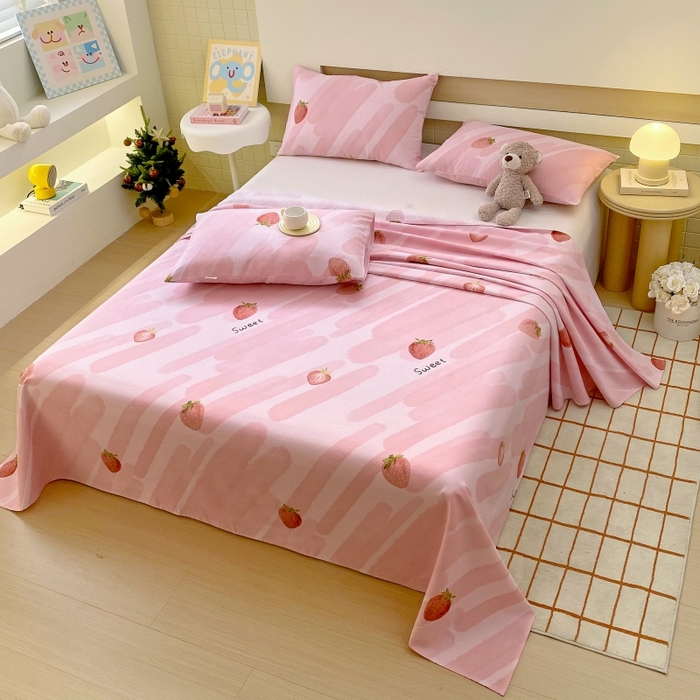 91家纺网 家纺一手货源 找家纺 慕尚家纺 2025新款全棉纯棉老粗布卡通床单款凉席席子 草莓-粉