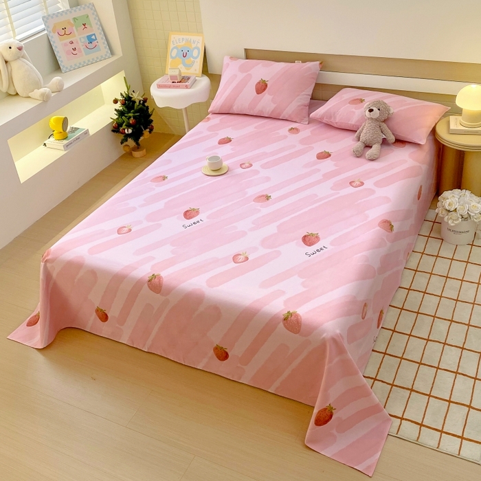 91家纺网 家纺一手货源 找家纺 慕尚家纺 2025新款全棉纯棉老粗布卡通床单款凉席席子 草莓-粉