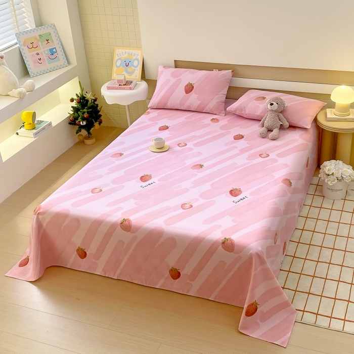 91家纺网 家纺一手货源 找家纺 慕尚家纺 2025新款全棉纯棉老粗布卡通床单款凉席席子 草莓-粉