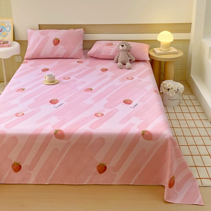 91家纺网 家纺一手货源 找家纺 慕尚家纺 2025新款全棉纯棉老粗布卡通床单款凉席席子 草莓-粉