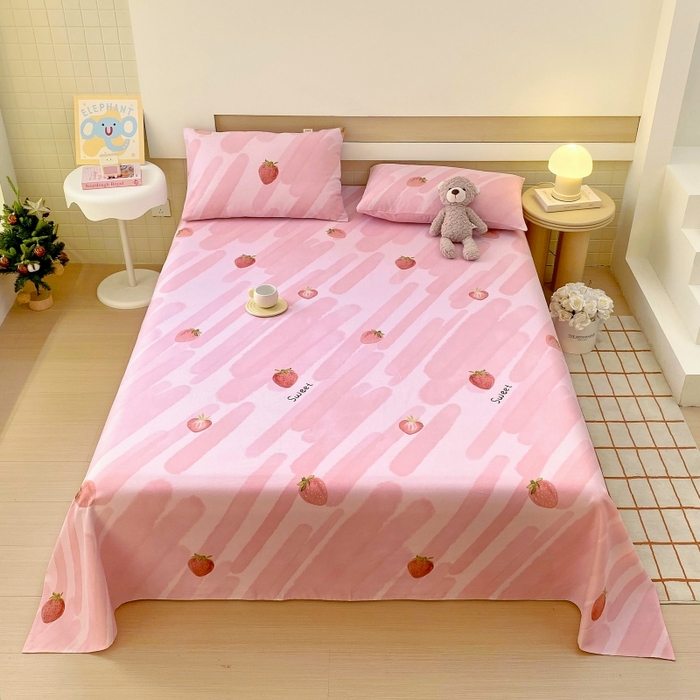 91家纺网 家纺一手货源 找家纺 慕尚家纺 2025新款全棉纯棉老粗布卡通床单款凉席席子 草莓-粉