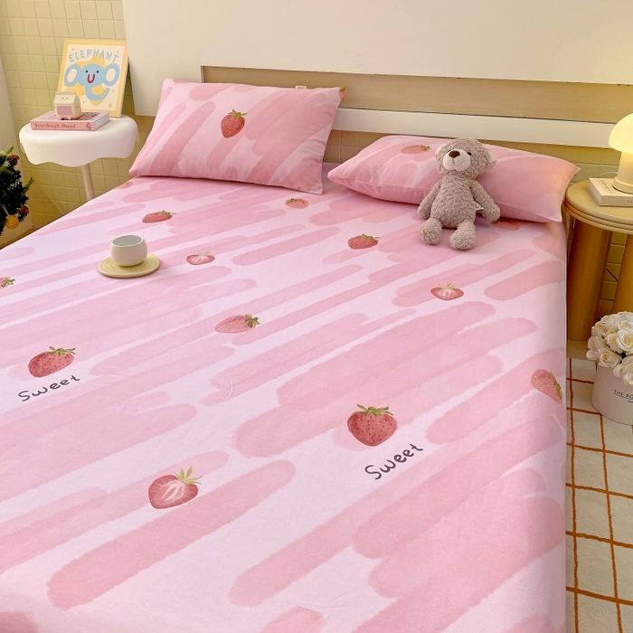 91家纺网 家纺一手货源 找家纺 慕尚家纺 2025新款全棉纯棉老粗布卡通床单款凉席席子 草莓-粉
