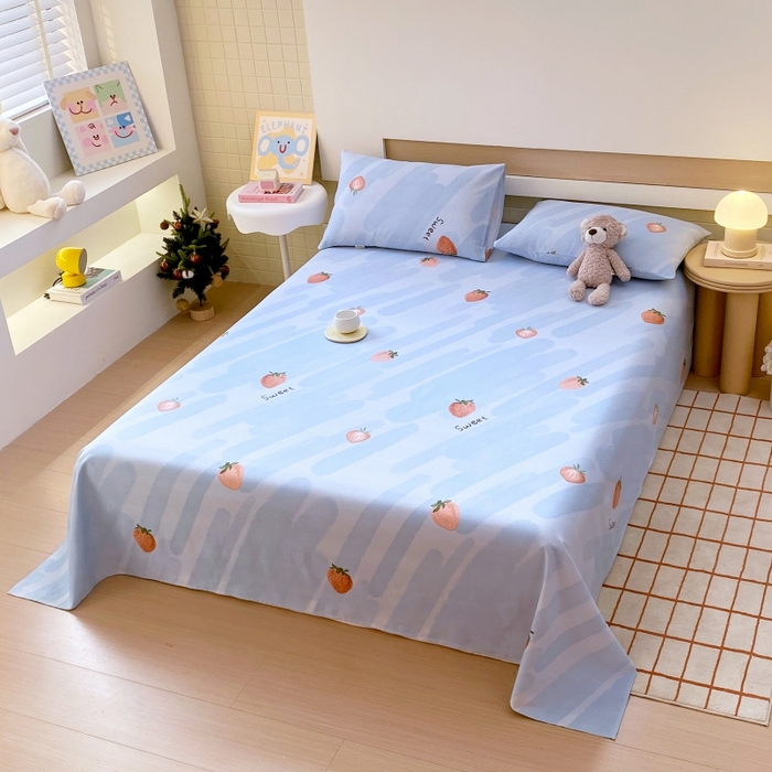 91家纺网 家纺一手货源 找家纺 慕尚家纺 2025新款全棉纯棉老粗布卡通床单款凉席席子 草莓-蓝