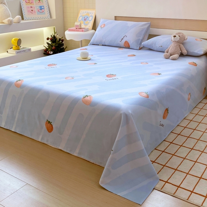 91家纺网 家纺一手货源 找家纺 慕尚家纺 2025新款全棉纯棉老粗布卡通床单款凉席席子 草莓-蓝