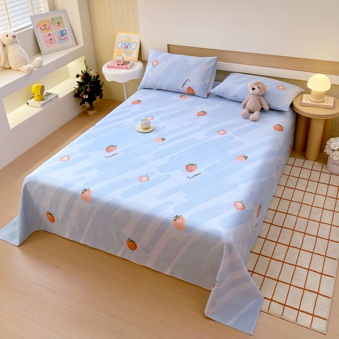 91家纺网 家纺一手货源 找家纺 慕尚家纺 2025新款全棉纯棉老粗布卡通床单款凉席席子 草莓-蓝