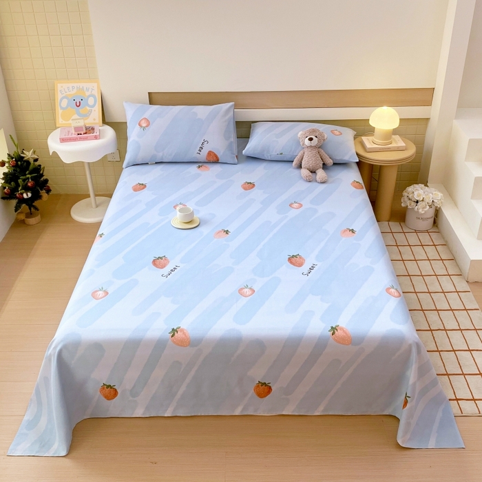 91家纺网 家纺一手货源 找家纺 慕尚家纺 2025新款全棉纯棉老粗布卡通床单款凉席席子 草莓-蓝