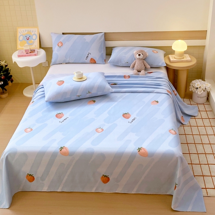 91家纺网 家纺一手货源 找家纺 慕尚家纺 2025新款全棉纯棉老粗布卡通床单款凉席席子 草莓-蓝