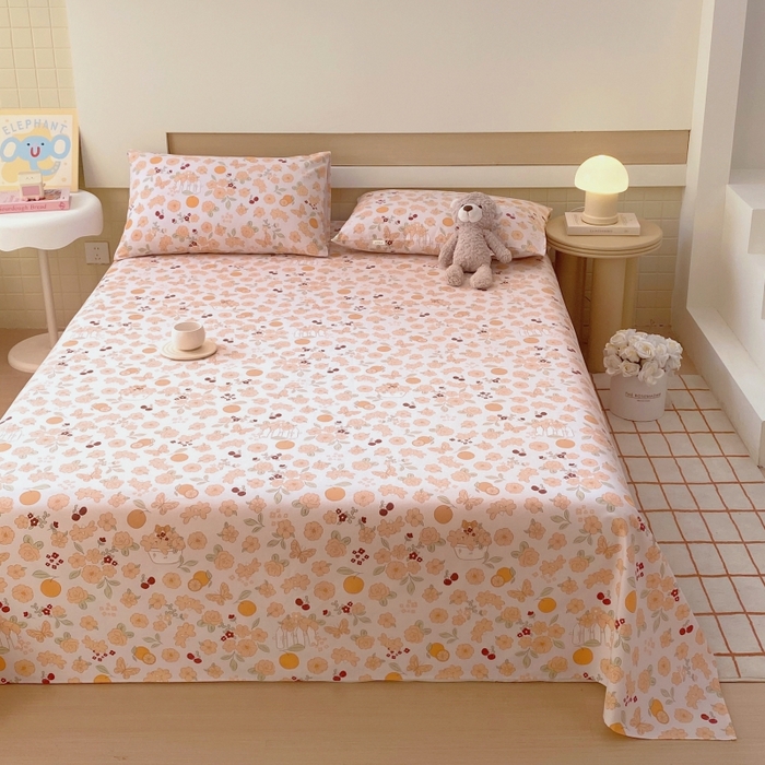 91家纺网 家纺一手货源 找家纺 慕尚家纺 2025新款全棉纯棉老粗布卡通床单款凉席席子 橙意满满