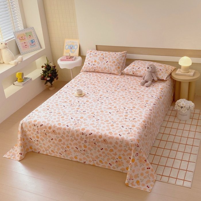 91家纺网 家纺一手货源 找家纺 慕尚家纺 2025新款全棉纯棉老粗布卡通床单款凉席席子 橙意满满