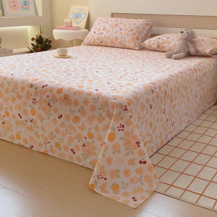 91家纺网 家纺一手货源 找家纺 慕尚家纺 2025新款全棉纯棉老粗布卡通床单款凉席席子 橙意满满