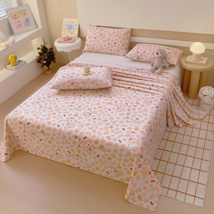 91家纺网 家纺一手货源 找家纺 慕尚家纺 2025新款全棉纯棉老粗布卡通床单款凉席席子 橙意满满