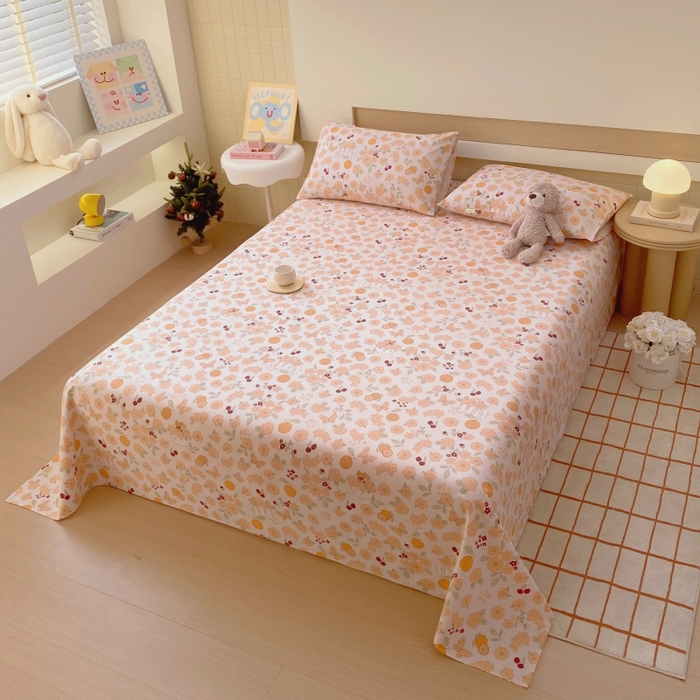 91家纺网 家纺一手货源 找家纺 慕尚家纺 2025新款全棉纯棉老粗布卡通床单款凉席席子 橙意满满