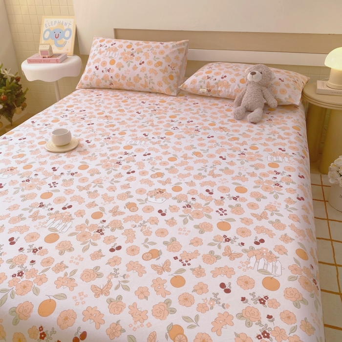 91家纺网 家纺一手货源 找家纺 慕尚家纺 2025新款全棉纯棉老粗布卡通床单款凉席席子 橙意满满