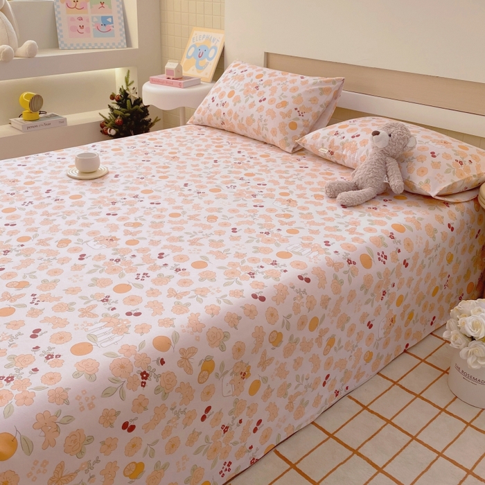 91家纺网 家纺一手货源 找家纺 慕尚家纺 2025新款全棉纯棉老粗布卡通床单款凉席席子 橙意满满