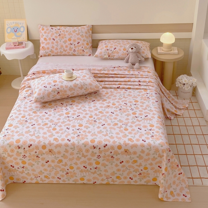 91家纺网 家纺一手货源 找家纺 慕尚家纺 2025新款全棉纯棉老粗布卡通床单款凉席席子 橙意满满