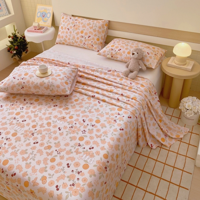 91家纺网 家纺一手货源 找家纺 慕尚家纺 2025新款全棉纯棉老粗布卡通床单款凉席席子 橙意满满