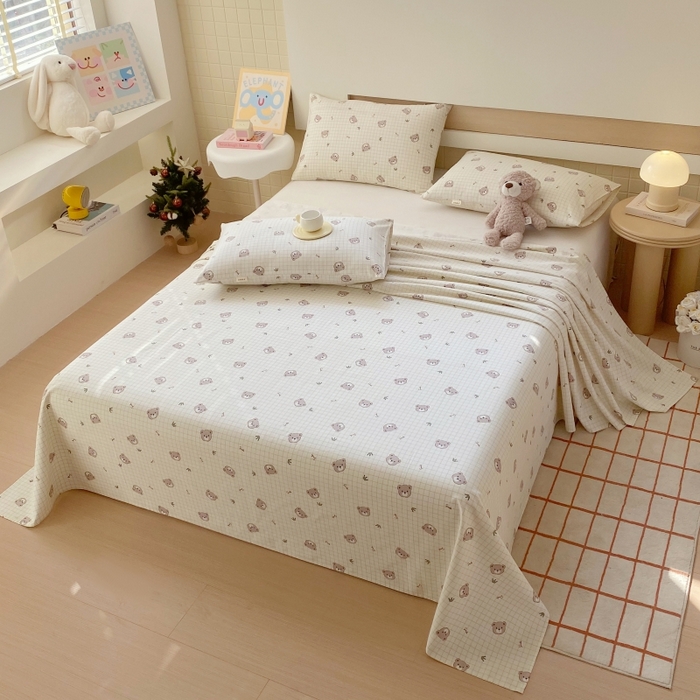 91家纺网 家纺一手货源 找家纺 慕尚家纺 2025新款全棉纯棉老粗布卡通床单款凉席席子 皇冠小熊