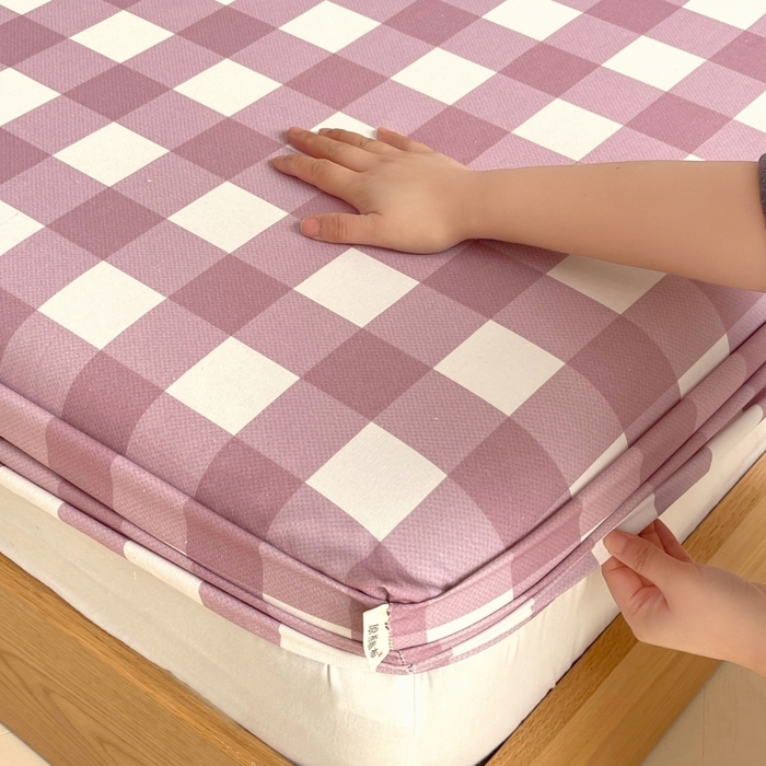 91家纺网 家纺一手货源 找家纺 慕尚家纺 2025新款全棉纯棉老粗布条格床笠款凉席席子 艾格-豆沙