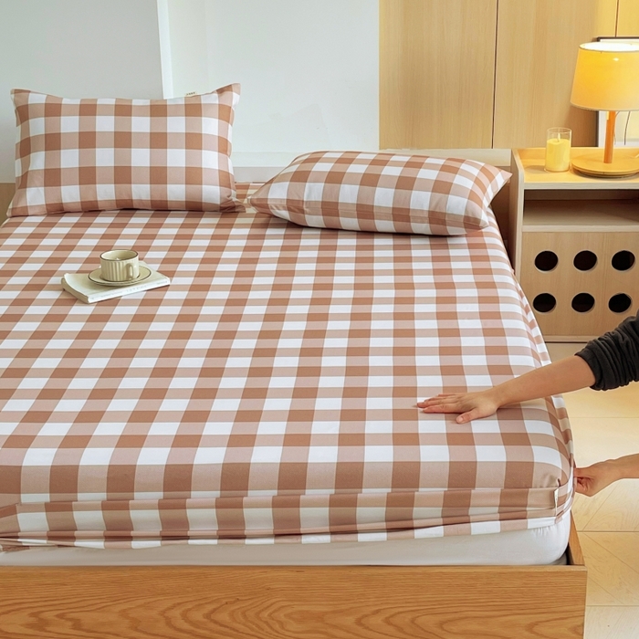 91家纺网 家纺一手货源 找家纺 慕尚家纺 2025新款全棉纯棉老粗布条格床笠款凉席席子 艾格-咖