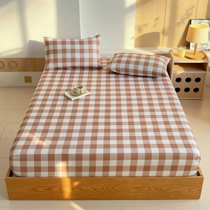 91家纺网 家纺一手货源 找家纺 慕尚家纺 2025新款全棉纯棉老粗布条格床笠款凉席席子 艾格-咖