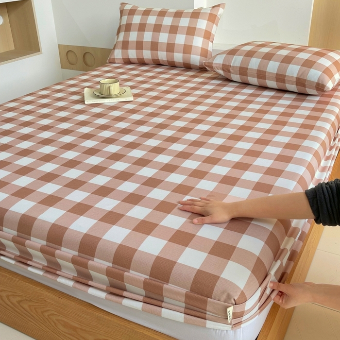 91家纺网 家纺一手货源 找家纺 慕尚家纺 2025新款全棉纯棉老粗布条格床笠款凉席席子 艾格-咖