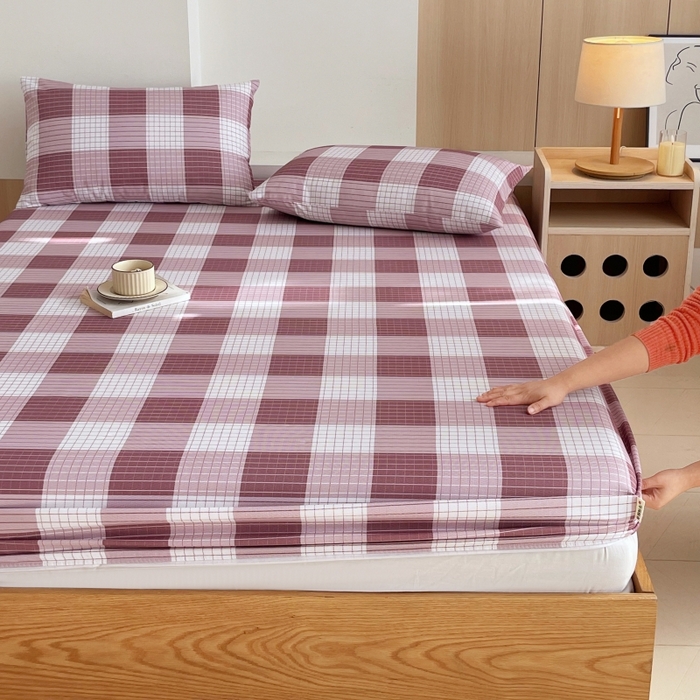 91家纺网 家纺一手货源 找家纺 慕尚家纺 2025新款全棉纯棉老粗布条格床笠款凉席席子 格律-豆沙