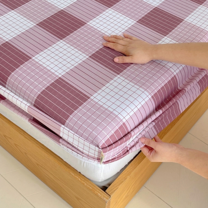 91家纺网 家纺一手货源 找家纺 慕尚家纺 2025新款全棉纯棉老粗布条格床笠款凉席席子 格律-豆沙