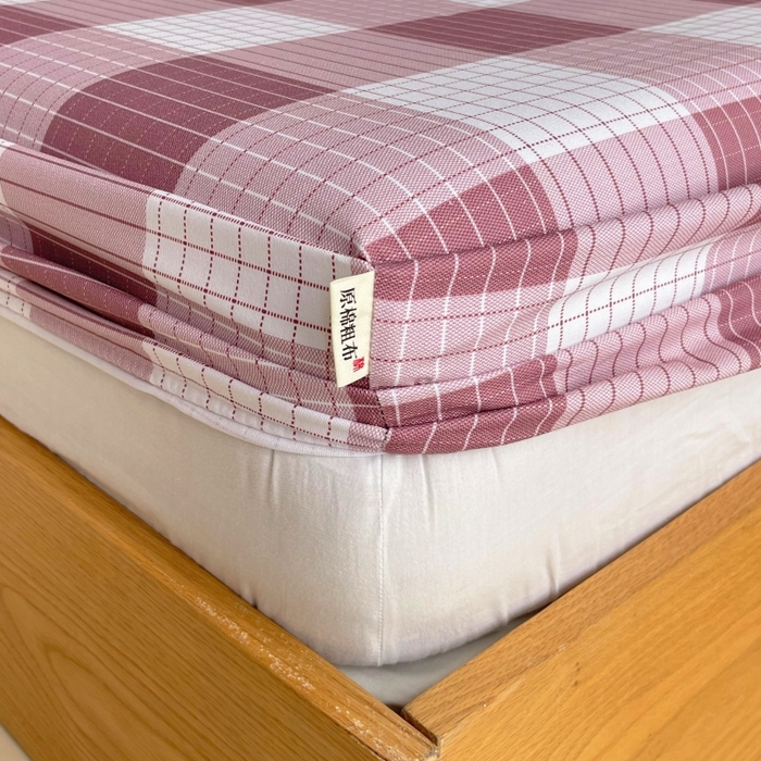 91家纺网 家纺一手货源 找家纺 慕尚家纺 2025新款全棉纯棉老粗布条格床笠款凉席席子 格律-豆沙