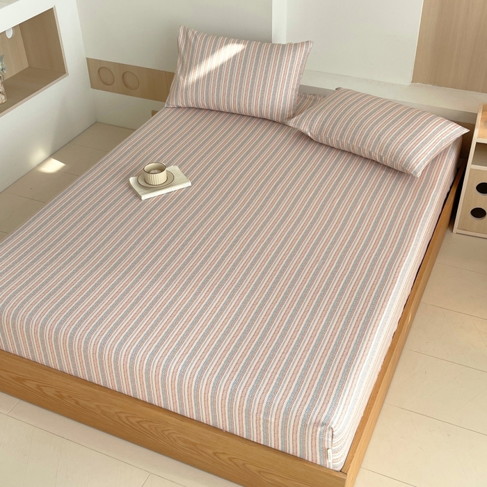 91家纺网 家纺一手货源 找家纺 慕尚家纺 2025新款全棉纯棉老粗布条格床笠款凉席席子 米亚-驼