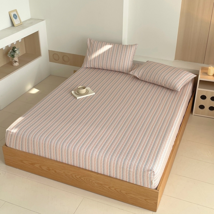 91家纺网 家纺一手货源 找家纺 慕尚家纺 2025新款全棉纯棉老粗布条格床笠款凉席席子 米亚-驼