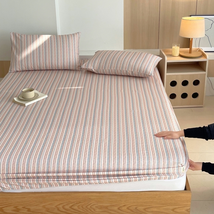 91家纺网 家纺一手货源 找家纺 慕尚家纺 2025新款全棉纯棉老粗布条格床笠款凉席席子 米亚-驼