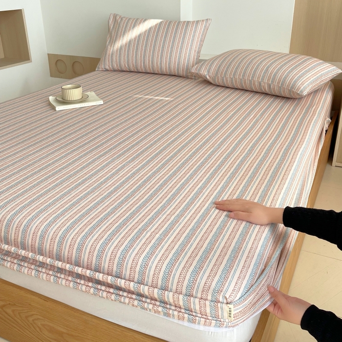 91家纺网 家纺一手货源 找家纺 慕尚家纺 2025新款全棉纯棉老粗布条格床笠款凉席席子 米亚-驼