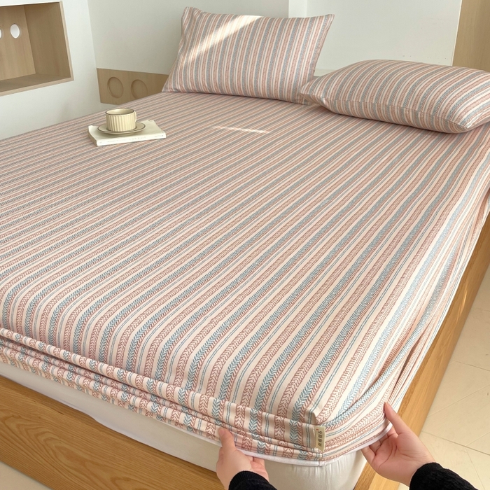 91家纺网 家纺一手货源 找家纺 慕尚家纺 2025新款全棉纯棉老粗布条格床笠款凉席席子 米亚-驼