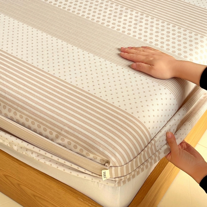 91家纺网 家纺一手货源 找家纺 慕尚家纺 2025新款全棉纯棉老粗布条格床笠款凉席席子 暖光-咖