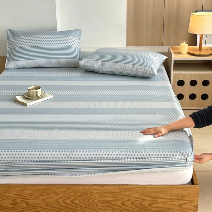 91家纺网 家纺一手货源 找家纺 慕尚家纺 2025新款全棉纯棉老粗布条格床笠款凉席席子 暖光-蓝